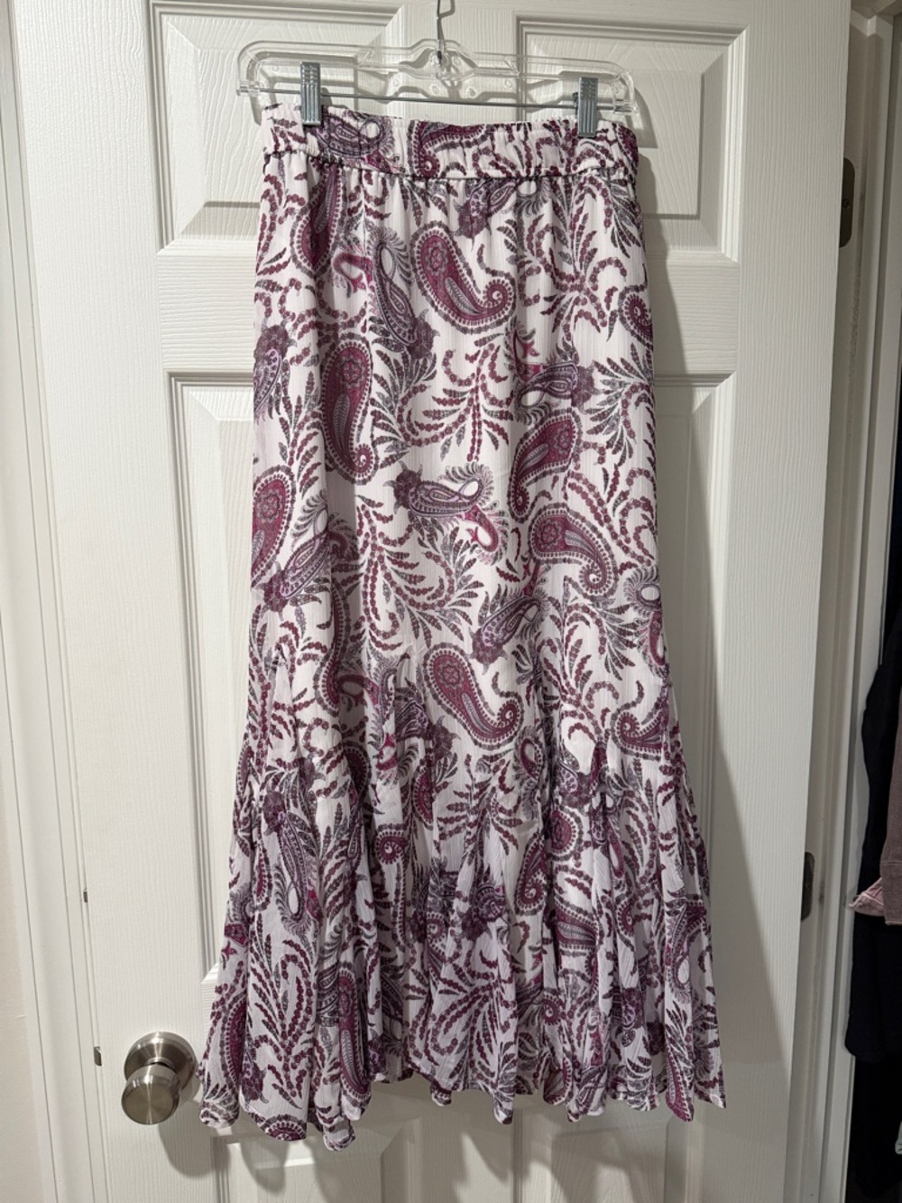 LOFT White Maxi Skirt with Plum Paisley Print